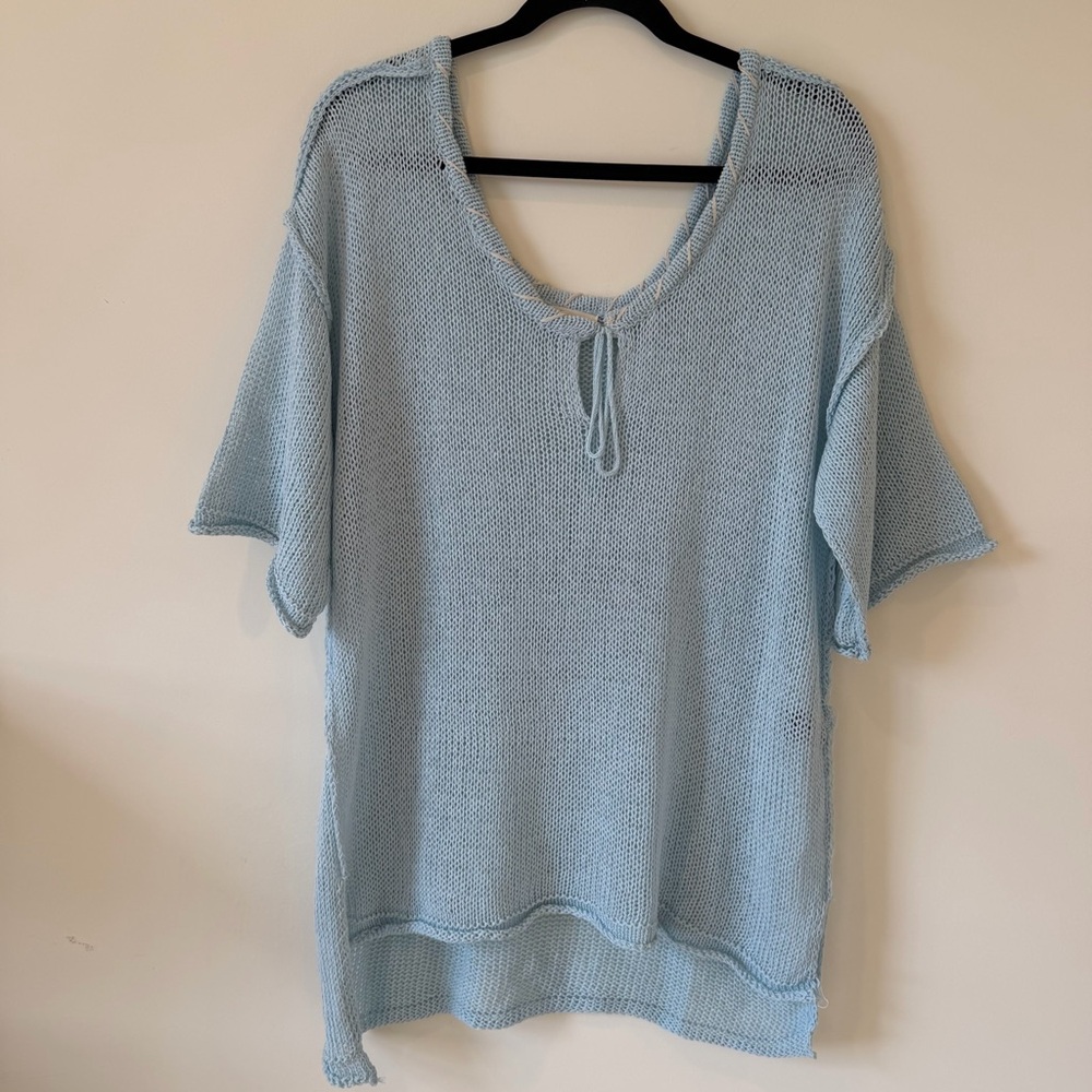 POL  Knit Tie-Neck Oversized Tunic Top Light Blue Size M